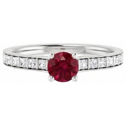 Round Ruby and Princess Natural Earth Mined Diamond Ring 2 Carats White Gold 14K