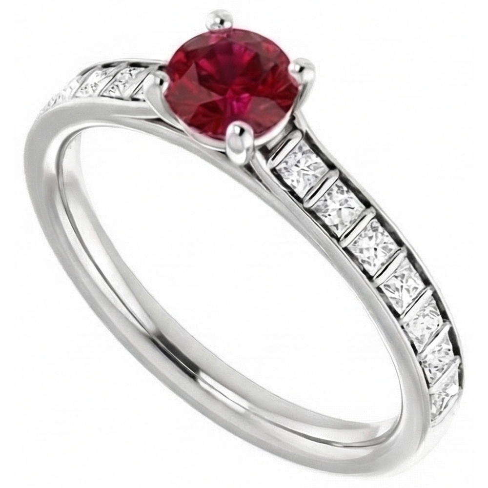 Round Ruby and Princess Natural Earth Mined Diamond Ring 2 Carats White Gold 14K