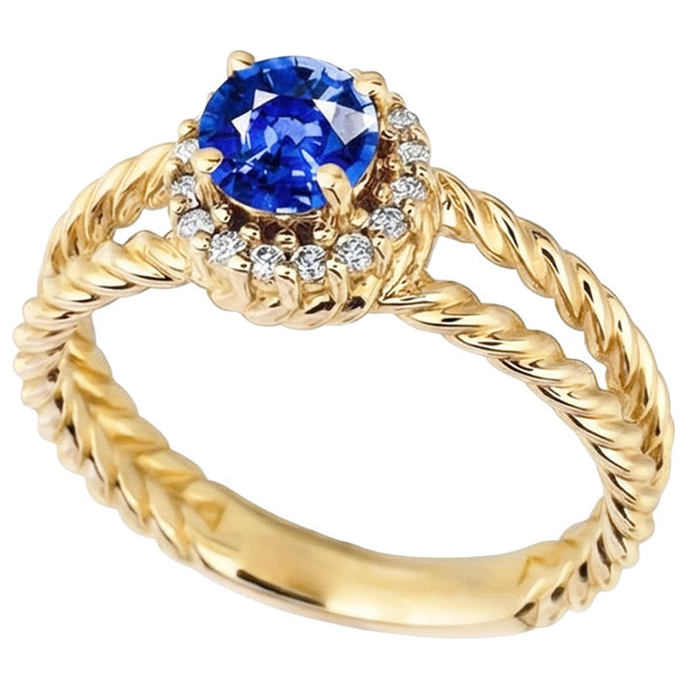 Round Sapphire And Natural Earth Mined Diamond Fancy Ring 2 Carats Yellow Gold 14K