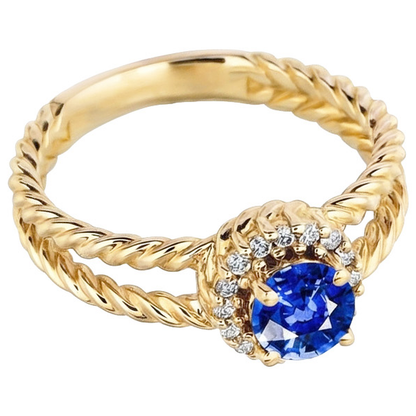 Round Sapphire And Natural Earth Mined Diamond Fancy Ring 2 Carats Yellow Gold 14K