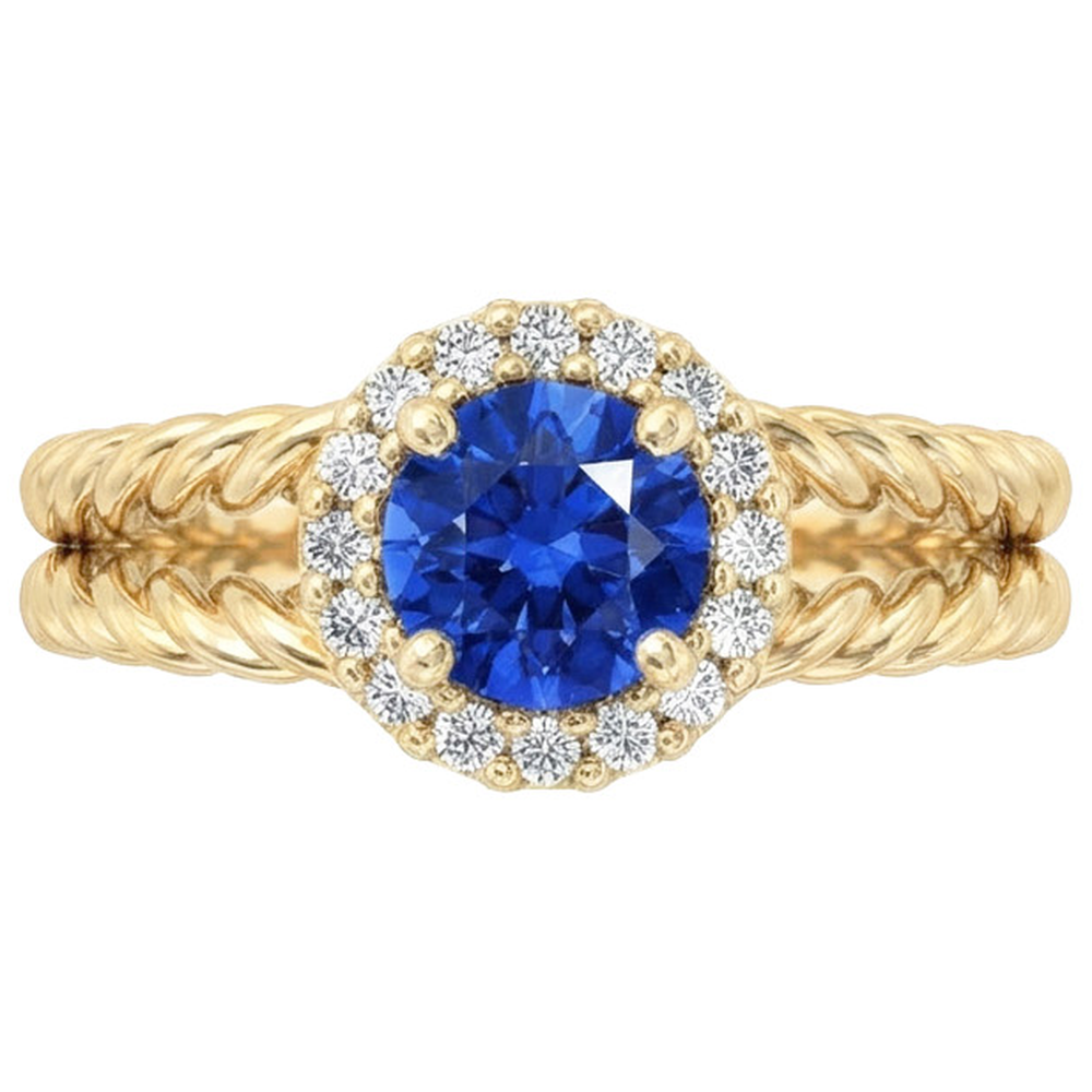 Round Sapphire And Natural Earth Mined Diamond Fancy Ring 2 Carats Yellow Gold 14K