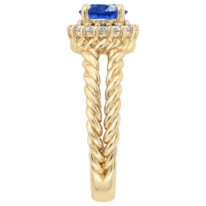 Round Sapphire And Natural Earth Mined Diamond Fancy Ring 2 Carats Yellow Gold 14K
