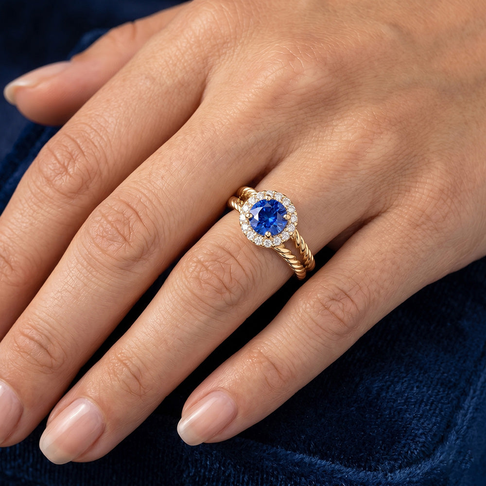 Round Sapphire And Natural Earth Mined Diamond Fancy Ring 2 Carats Yellow Gold 14K
