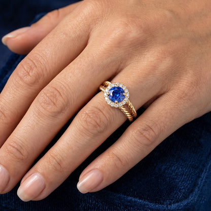 Round Sapphire And Natural Earth Mined Diamond Fancy Ring 2 Carats Yellow Gold 14K