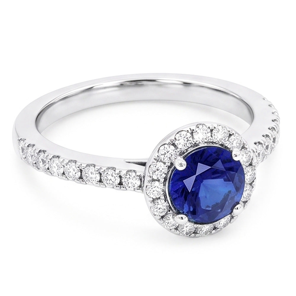 Round Sapphire Halo Ring 2.50 Carats Sparkling Natural Earth Mined Diamond Jewelry
