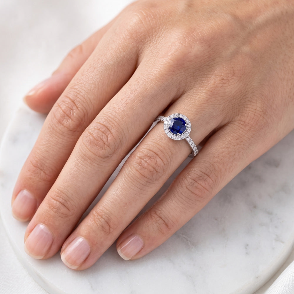 Round Sapphire Halo Ring 2.50 Carats Sparkling Natural Earth Mined Diamond Jewelry
