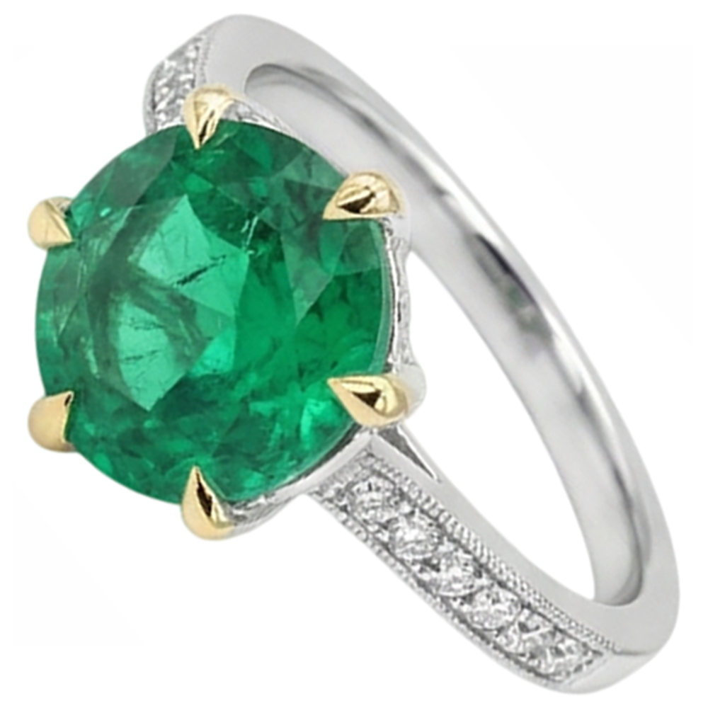 Natural Real ( Not Lab Grown ) Round Solitaire Green Emerald GIA With Accents Engagement Ring