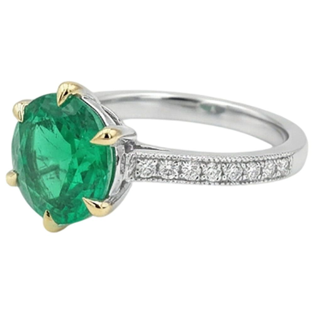 Natural Real ( Not Lab Grown ) Round Solitaire Green Emerald GIA With Accents Engagement Ring