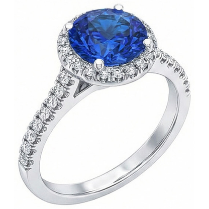 Round Sri Lanka Blue Sapphire Halo Natural Earth Mined Diamond Ring 2.20 Carats Gold 14K