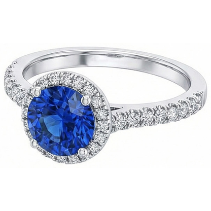 Round Sri Lanka Blue Sapphire Halo Natural Earth Mined Diamond Ring 2.20 Carats Gold 14K