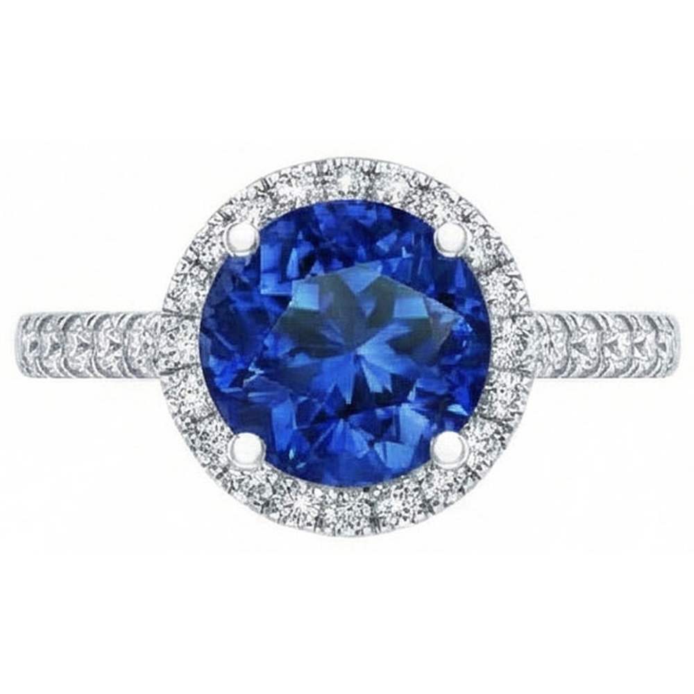 Round Sri Lanka Blue Sapphire Halo Natural Earth Mined Diamond Ring 2.20 Carats Gold 14K