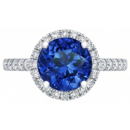 Round Sri Lanka Blue Sapphire Halo Natural Earth Mined Diamond Ring 2.20 Carats Gold 14K