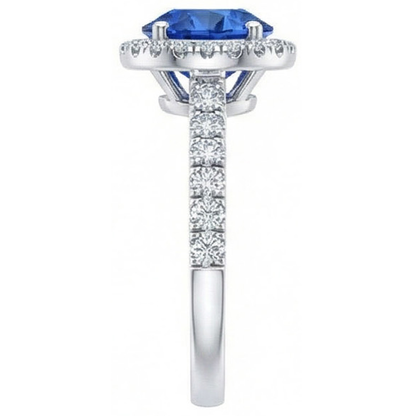 Round Sri Lanka Blue Sapphire Halo Natural Earth Mined Diamond Ring 2.20 Carats Gold 14K