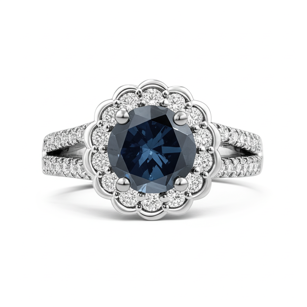 Round Sri Lanka Blue Sapphire Halo Natural Earth Mined Diamond Ring 2.25 Carats White Gold