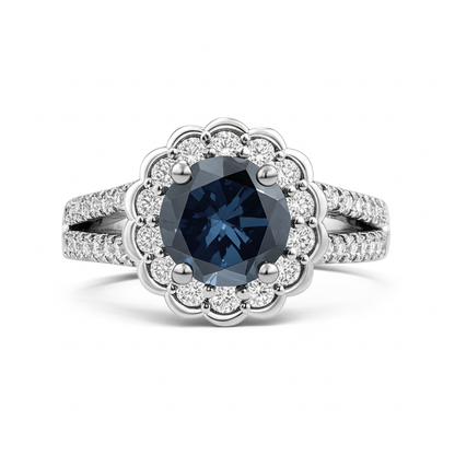 Round Sri Lanka Blue Sapphire Halo Natural Earth Mined Diamond Ring 2.25 Carats White Gold