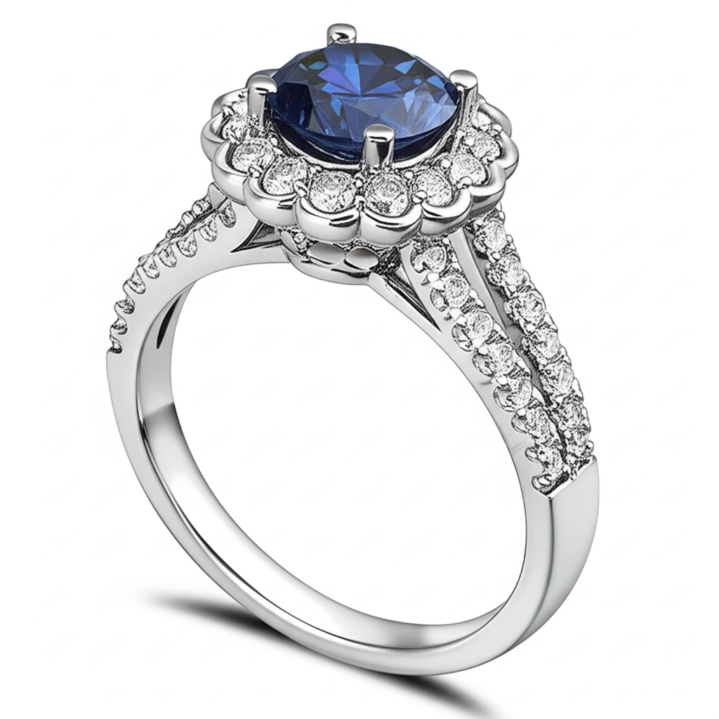 Round Sri Lanka Blue Sapphire Halo Natural Earth Mined Diamond Ring 2.25 Carats White Gold
