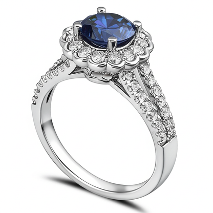 Round Sri Lanka Blue Sapphire Halo Natural Earth Mined Diamond Ring 2.25 Carats White Gold