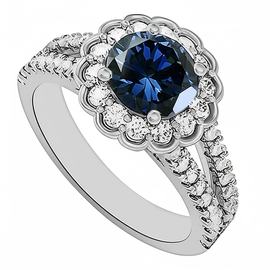 Round Sri Lanka Blue Sapphire Halo Natural Earth Mined Diamond Ring 2.25 Carats White Gold