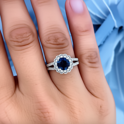 Round Sri Lanka Blue Sapphire Halo Natural Earth Mined Diamond Ring 2.25 Carats White Gold
