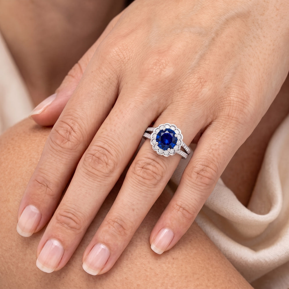 Round Sri Lanka Blue Sapphire Halo Natural Earth Mined Diamond Ring 2.25 Carats White Gold