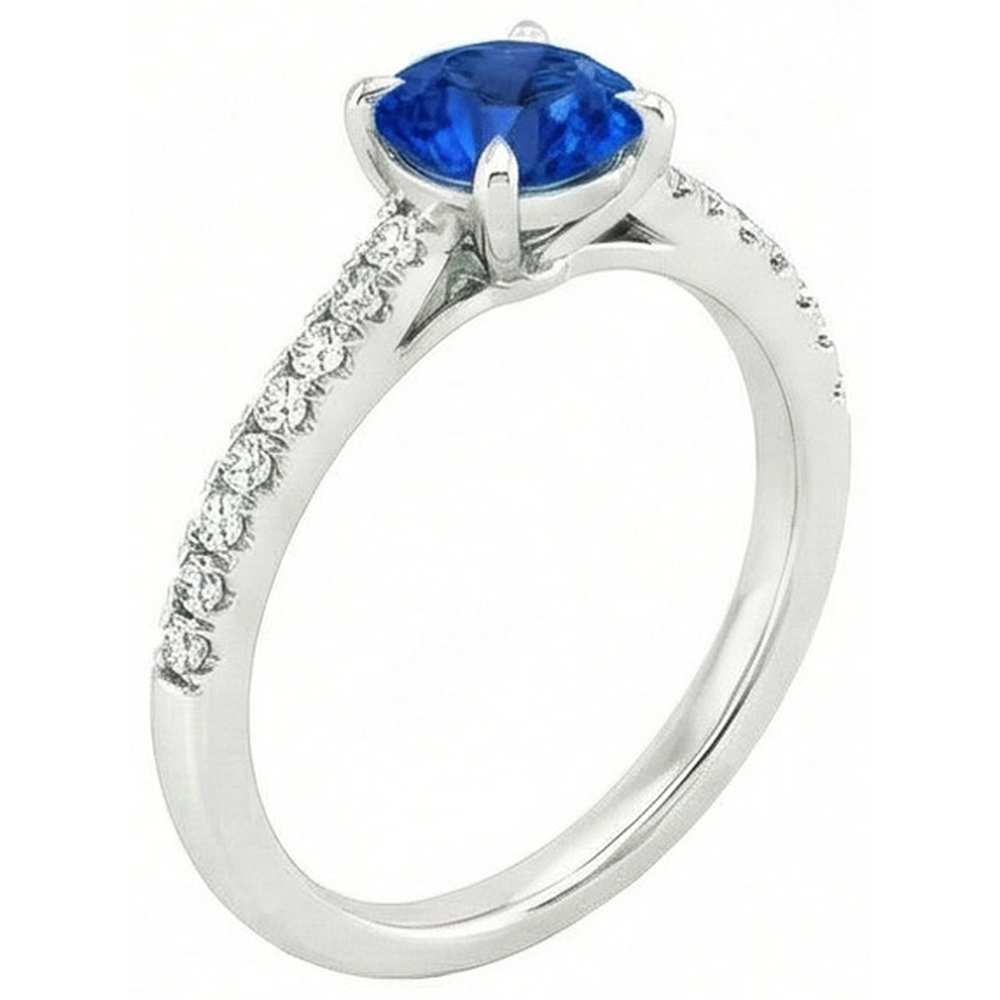 Round Sri Lanka Sapphire Ring Natural Earth Mined Diamond Jewelry White Gold 14K