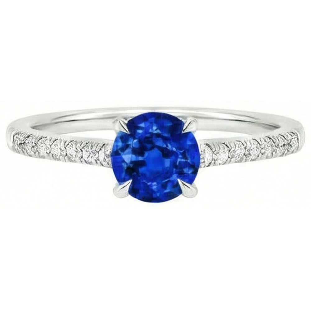 Round Sri Lanka Sapphire Ring Natural Earth Mined Diamond Jewelry White Gold 14K
