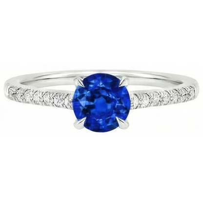 Round Sri Lanka Sapphire Ring Natural Earth Mined Diamond Jewelry White Gold 14K