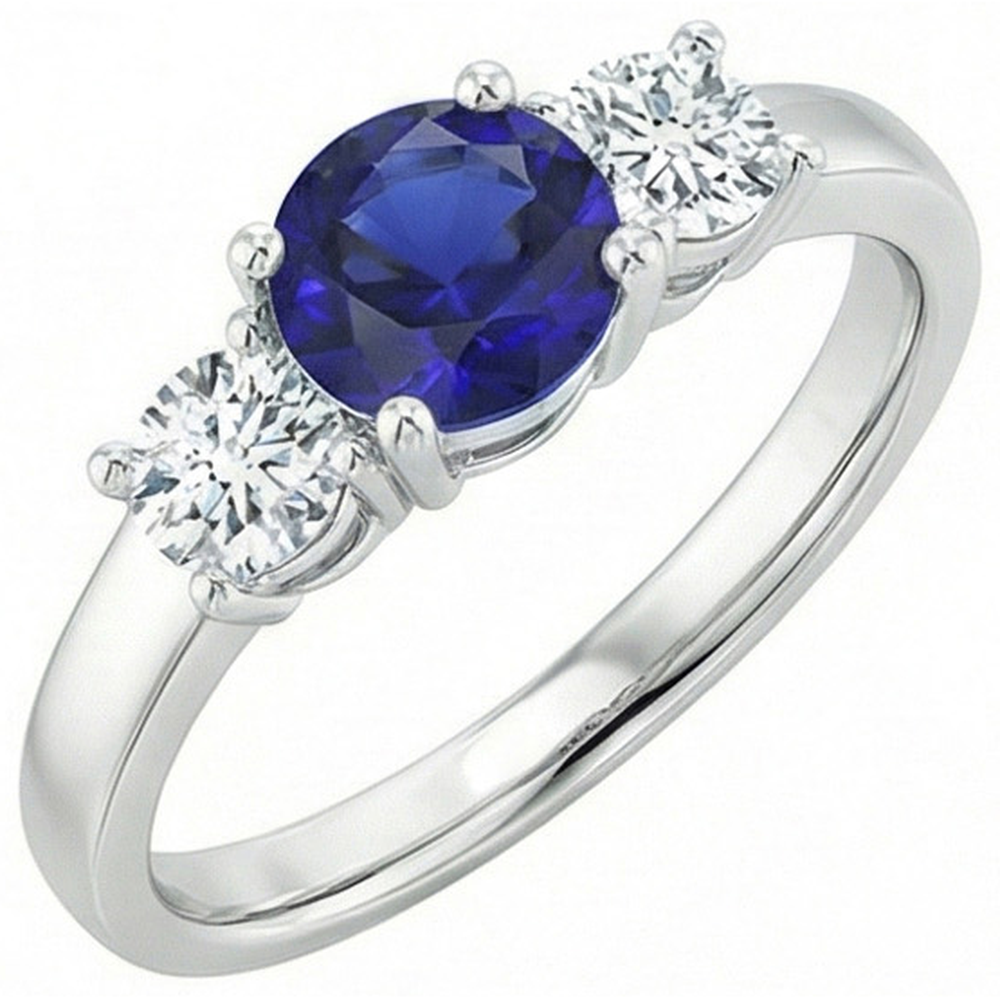 Round Three Stone Blue Sapphire & Natural Earth Mined Diamond Gemstone Ring 1.75 Carats