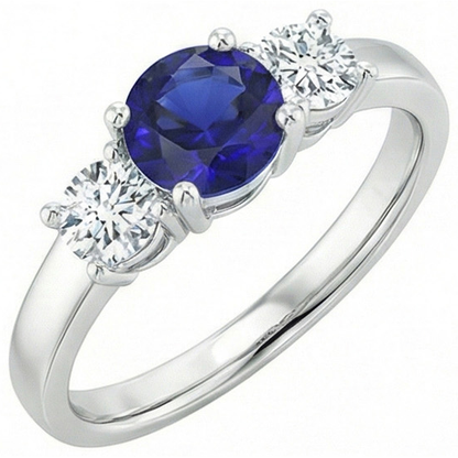 Round Three Stone Blue Sapphire & Natural Earth Mined Diamond Gemstone Ring 1.75 Carats