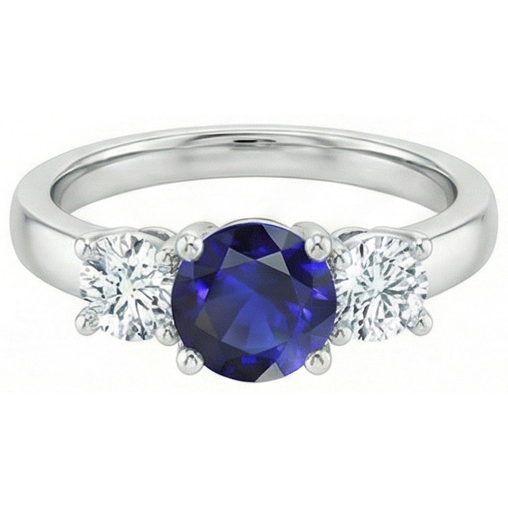 Round Three Stone Blue Sapphire & Natural Earth Mined Diamond Gemstone Ring 1.75 Carats