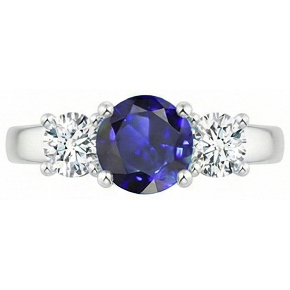Round Three Stone Blue Sapphire & Natural Earth Mined Diamond Gemstone Ring 1.75 Carats