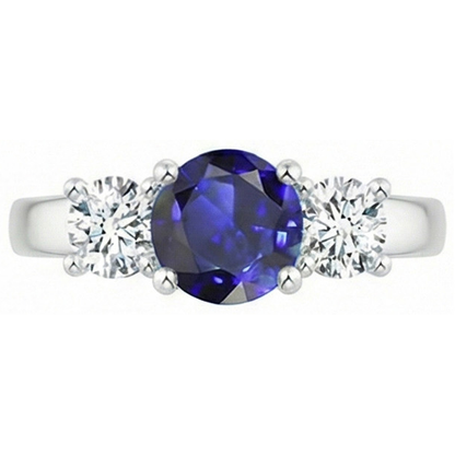Round Three Stone Blue Sapphire & Natural Earth Mined Diamond Gemstone Ring 1.75 Carats