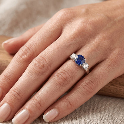 Round Three Stone Blue Sapphire & Natural Earth Mined Diamond Gemstone Ring 1.75 Carats