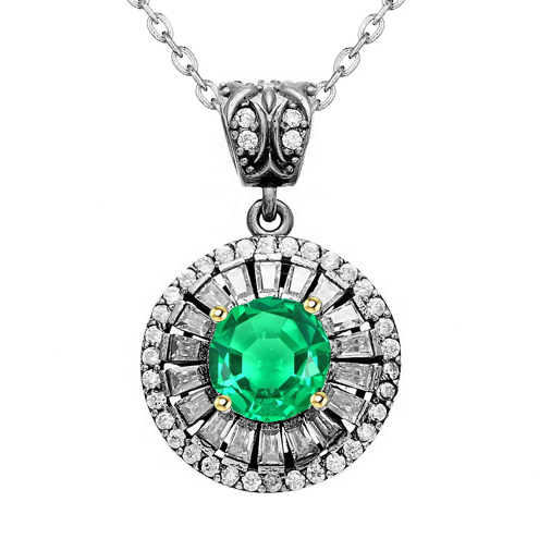 Round Vintage Style Halo Pendant Green Emerald Necklace