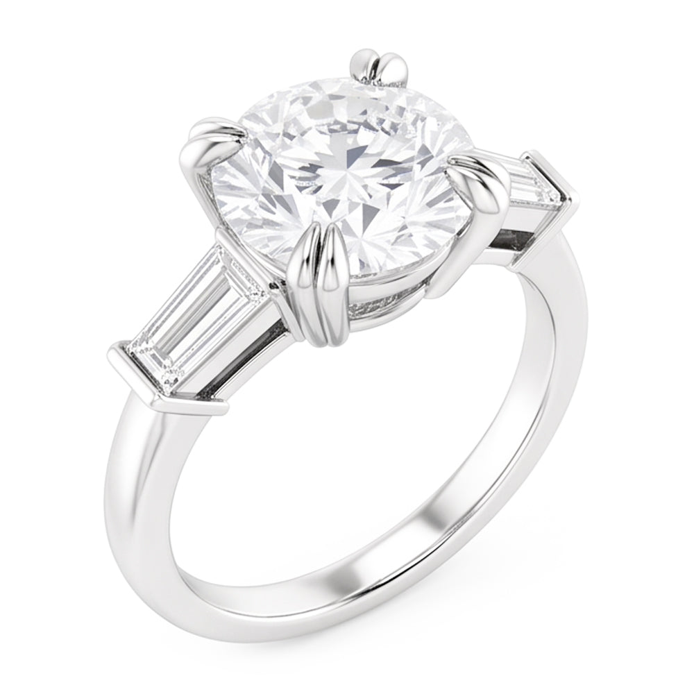 Round With Baguette Natural Real Diamond ( Not Lab Grown ) 3 Stone Ring White Gold 2.30 Carats