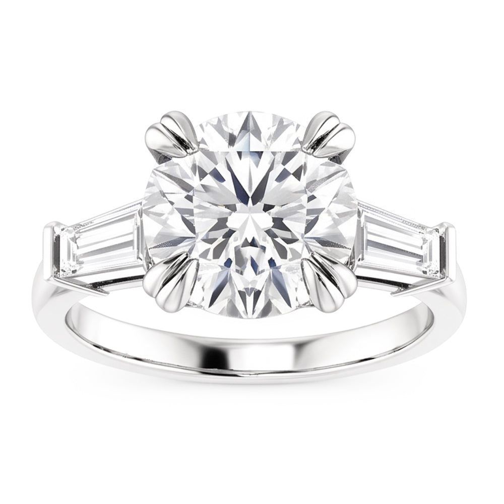 Round With Baguette Natural Real Diamond ( Not Lab Grown ) 3 Stone Ring White Gold 2.30 Carats