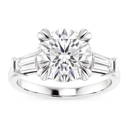 Round With Baguette Natural Real Diamond ( Not Lab Grown ) 3 Stone Ring White Gold 2.30 Carats