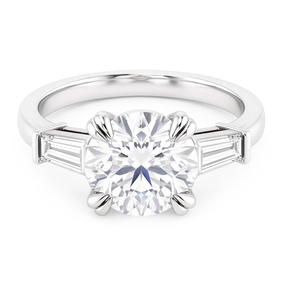 Round With Baguette Natural Real Diamond ( Not Lab Grown ) 3 Stone Ring White Gold 2.30 Carats