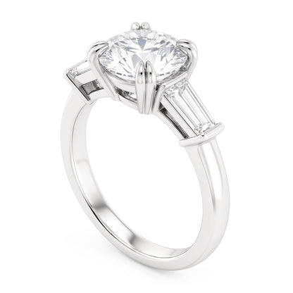 Round With Baguette Natural Real Diamond ( Not Lab Grown ) 3 Stone Ring White Gold 2.30 Carats