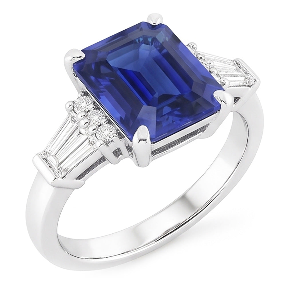 Round & Baguette Natural Earth Mined Diamond Sri Lankan Sapphire Ring Emerald Cut 4 Carats