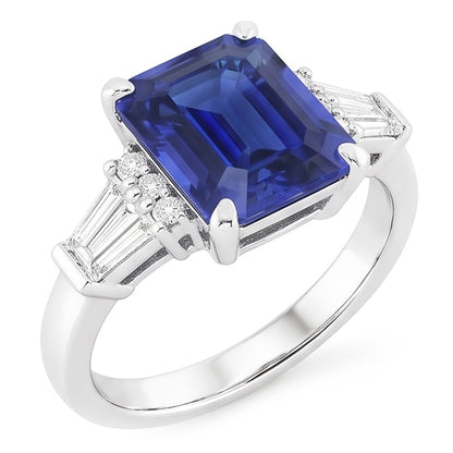 Round & Baguette Natural Earth Mined Diamond Sri Lankan Sapphire Ring Emerald Cut 4 Carats
