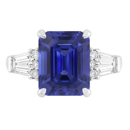 Round & Baguette Natural Earth Mined Diamond Sri Lankan Sapphire Ring Emerald Cut 4 Carats