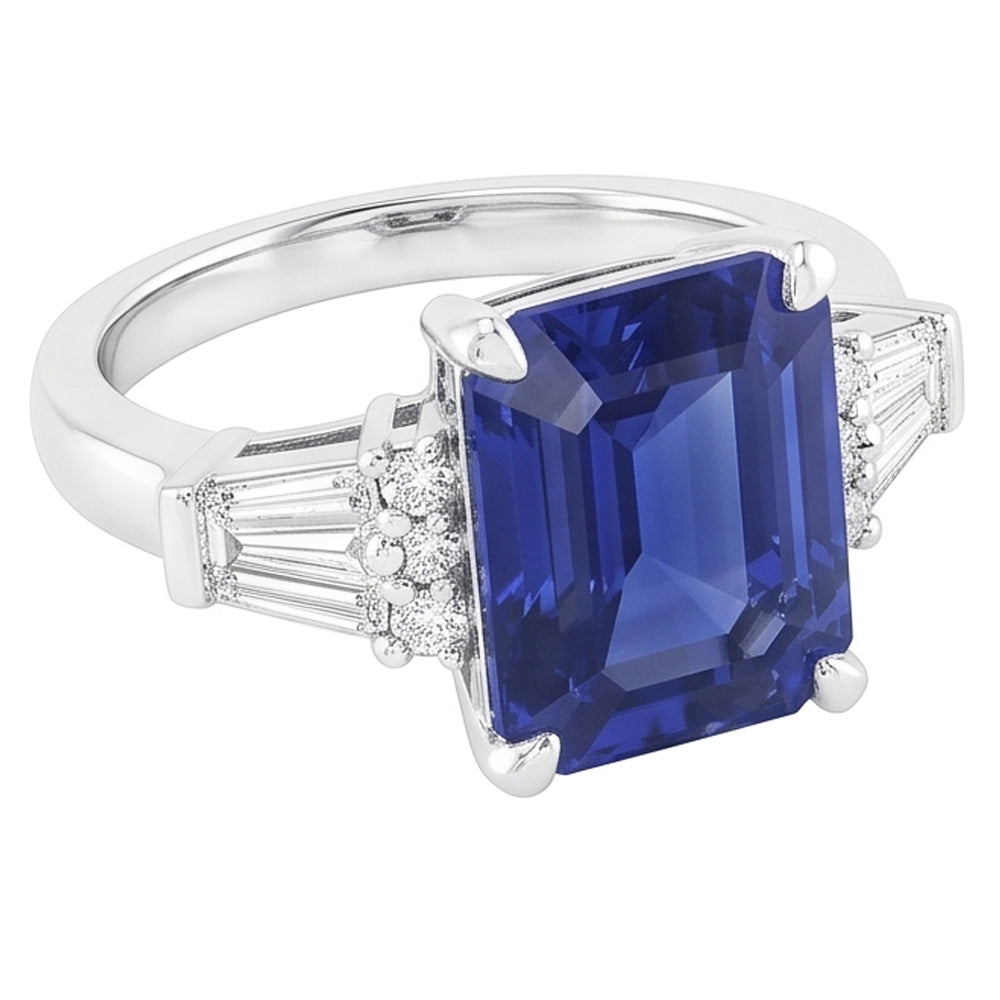 Round & Baguette Natural Earth Mined Diamond Sri Lankan Sapphire Ring Emerald Cut 4 Carats