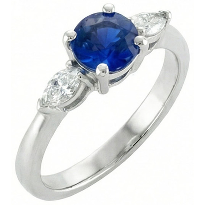 Round & Marquise Ceylon Blue Sapphire Natural Earth Mined Diamonds Ring White Gold 2.50 Ct