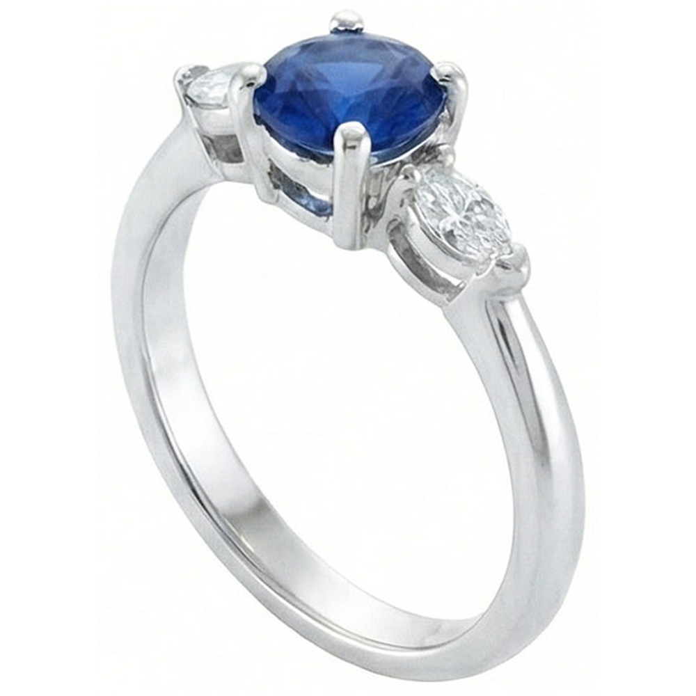 Round & Marquise Ceylon Blue Sapphire Natural Earth Mined Diamonds Ring White Gold 2.50 Ct