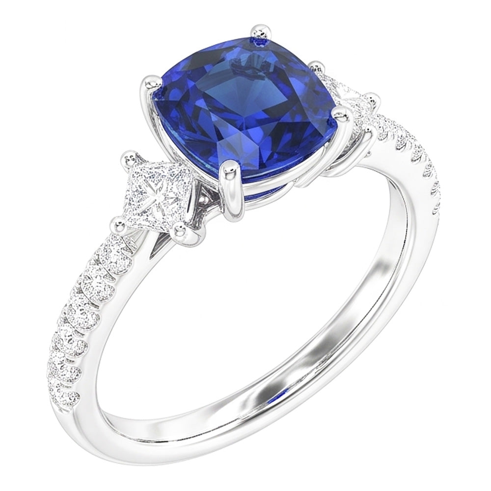 Round & Princess Natural Earth Mined Diamond Cushion Sapphire Ring 3 Carats 3 Stone Style