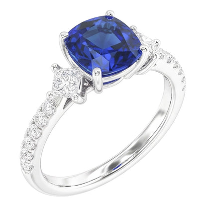 Round & Princess Natural Earth Mined Diamond Cushion Sapphire Ring 3 Carats 3 Stone Style