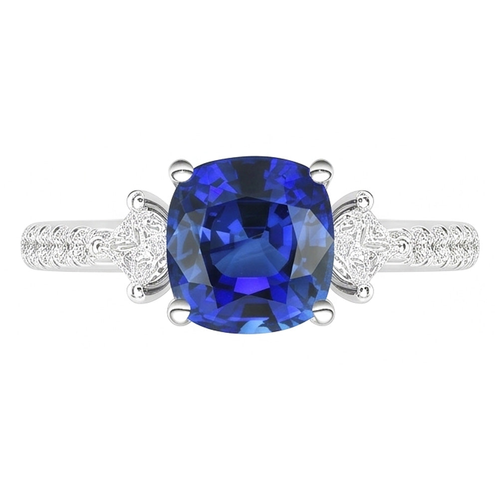 Round & Princess Natural Earth Mined Diamond Cushion Sapphire Ring 3 Carats 3 Stone Style