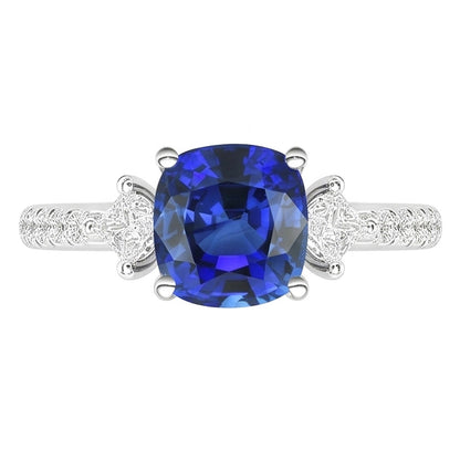 Round & Princess Natural Earth Mined Diamond Cushion Sapphire Ring 3 Carats 3 Stone Style