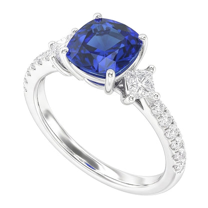 Round & Princess Natural Earth Mined Diamond Cushion Sapphire Ring 3 Carats 3 Stone Style